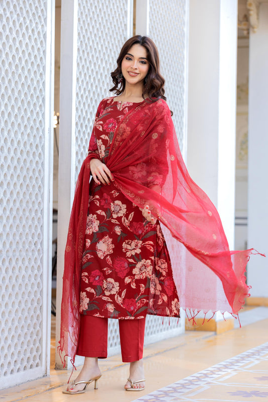 Beautiful Floral Printed Kurta Pant Dupatta Set