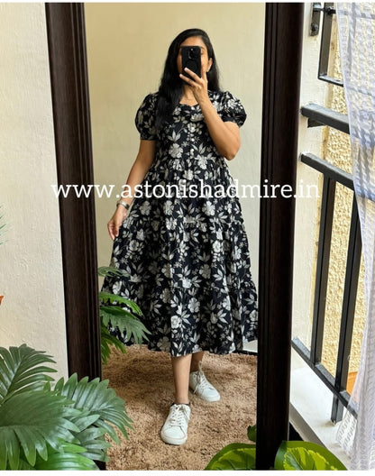 Beautiful Printed Lotus Flower Cotton Middi Gown Dress