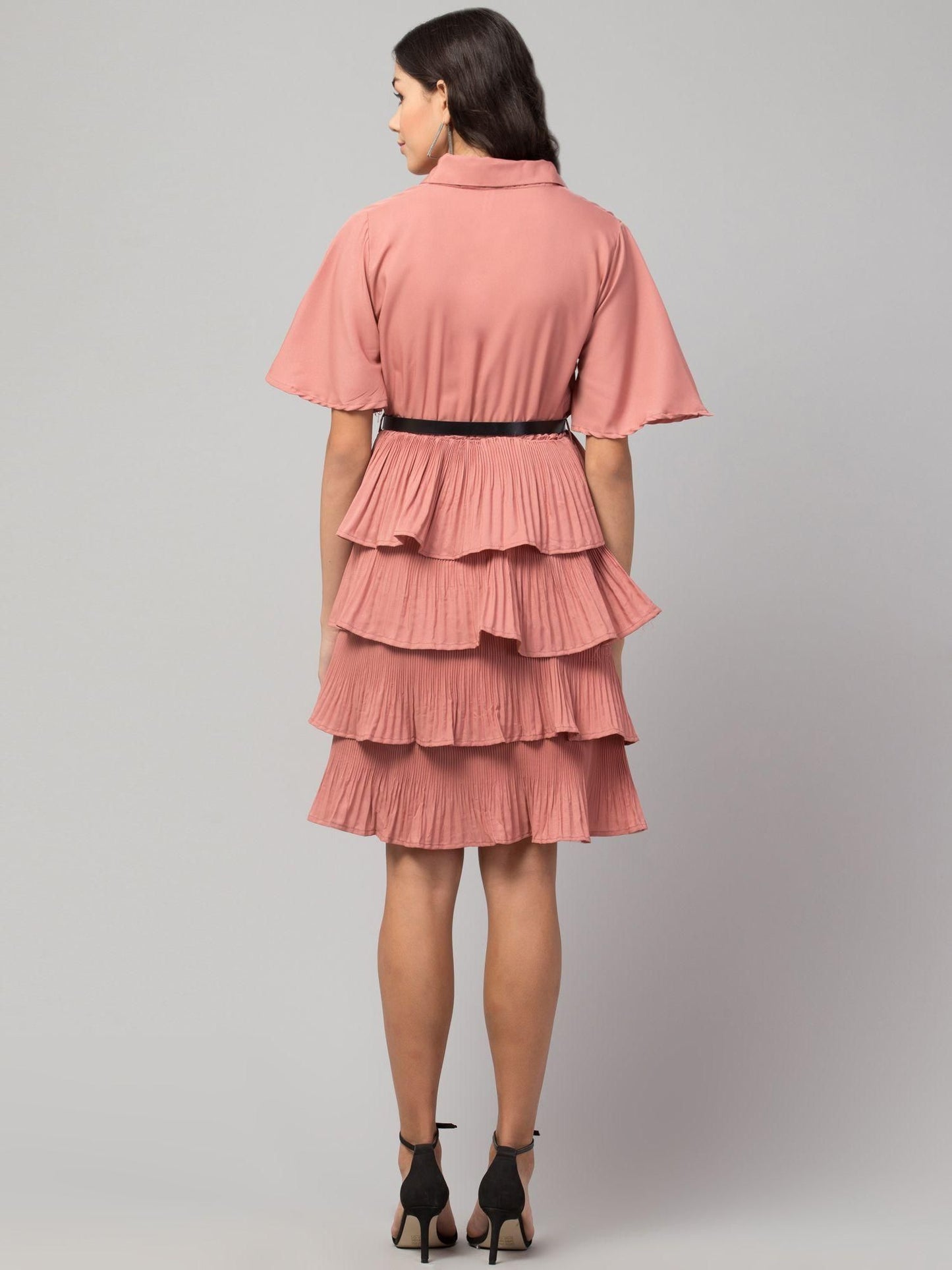 Crepe Solid Shirt Collar Flared Peach Short Dress