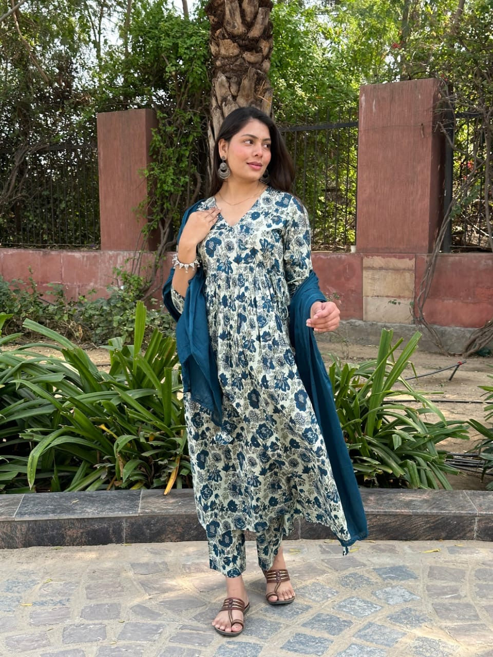 Jaipuri Hand Block Print Anarkali Angrakha Style kurti, Pant with Mulmul Dupatta