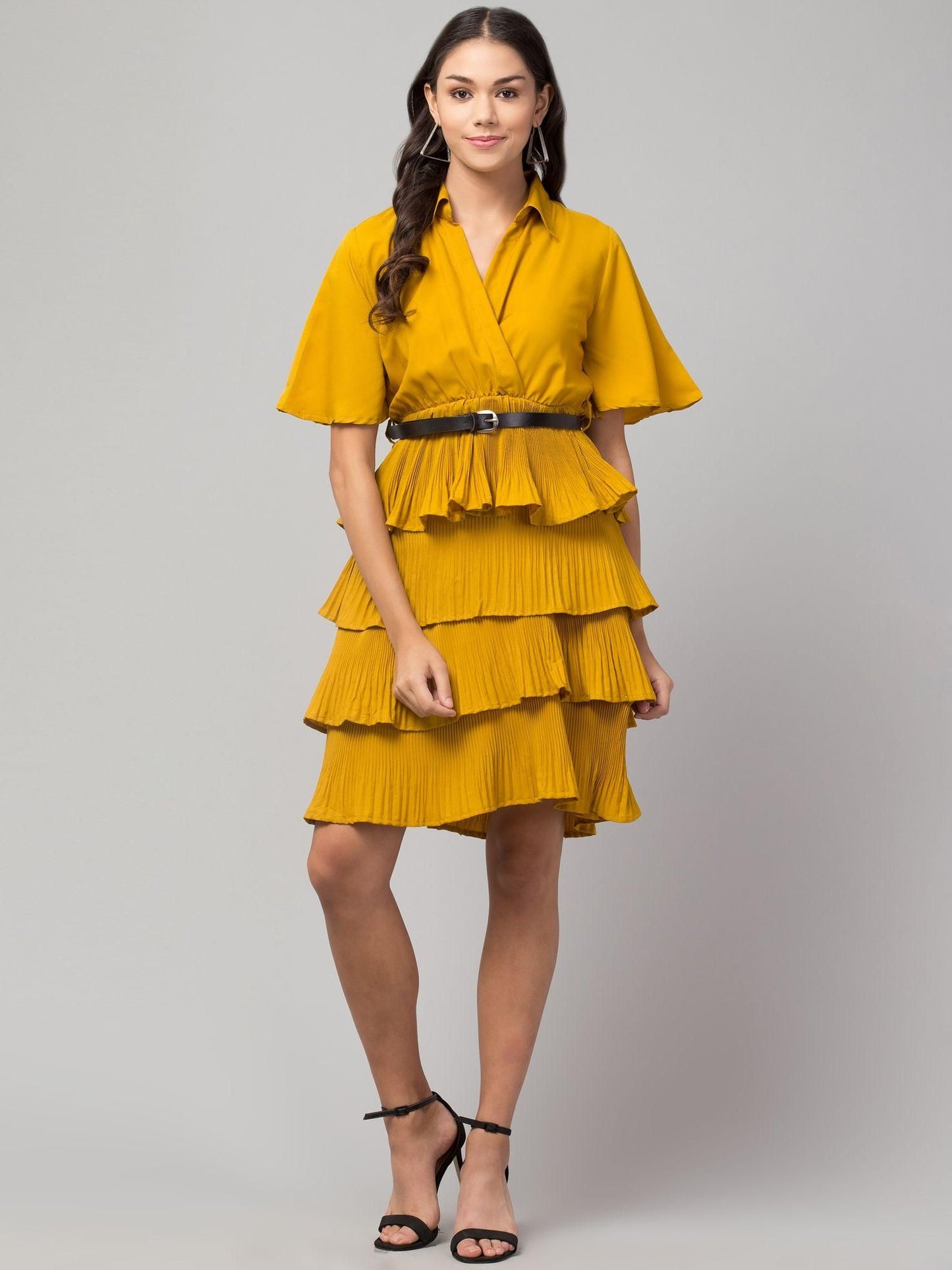 Crepe Solid Shirt Collar Flared Mustard Short Dress