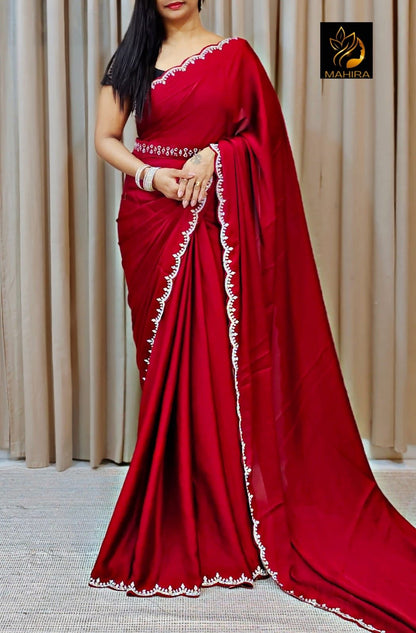 Premium Satin Crape Saree with Crystal Stone Work Border