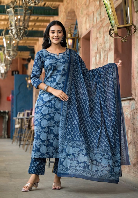 Premium Indigo Cotton Kurtis With Heavy Embroidery Work On Neck with Pant & Full Cotton Dupatta