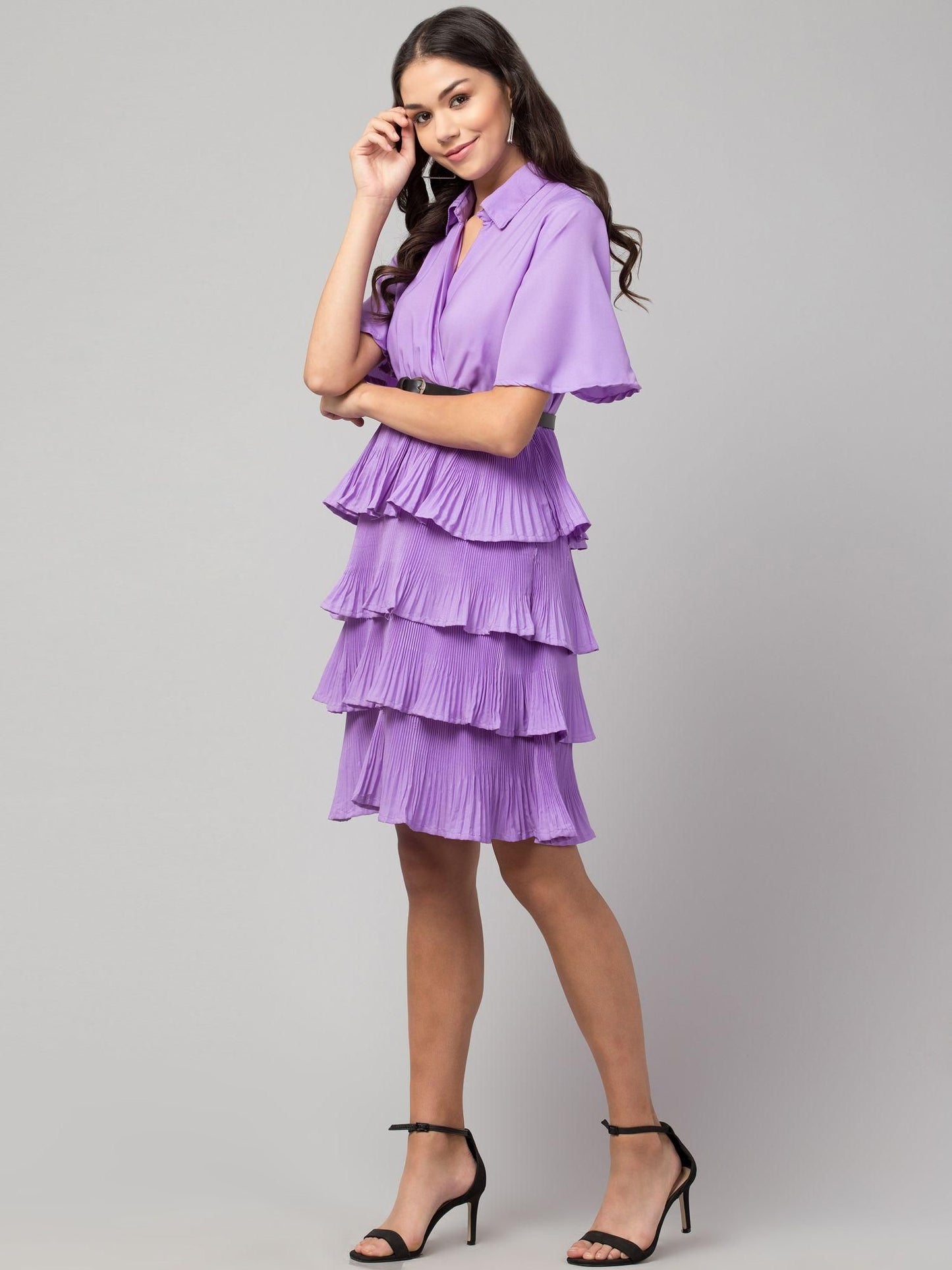 Crepe Solid Shirt Collar Flared Lavendar Short Dress