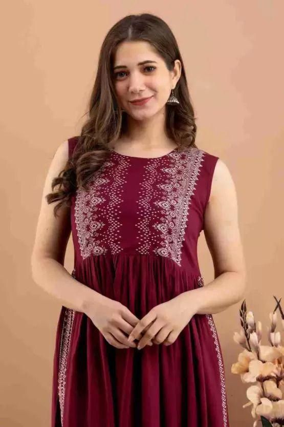 Rayon Printed Long Kurti Maroon