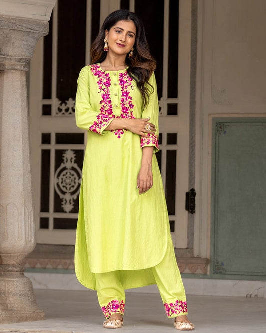 Lemon Green Aari Work kurta Pant Set