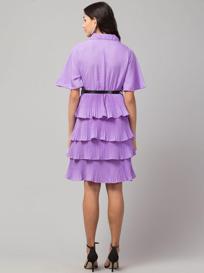 Crepe Solid Shirt Collar Flared Lavendar Short Dress