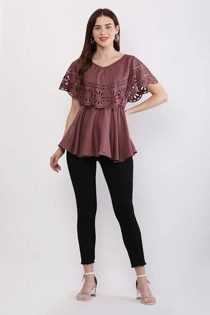 Crepe Solid V-Neck Purple Top