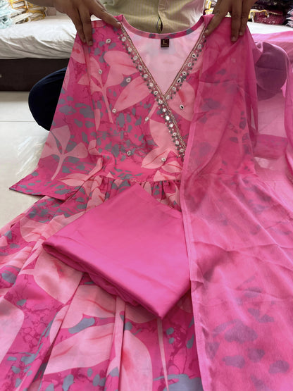 Pink Floral Angrakha Alia Cut Suit Set With Lining Is An Inner Layer Of Fabric