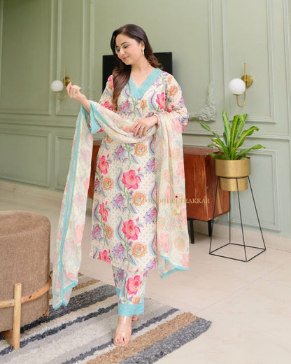 New Printed Mal Cotton Kurta Pant with Duppta Organja Beautiful Detailing