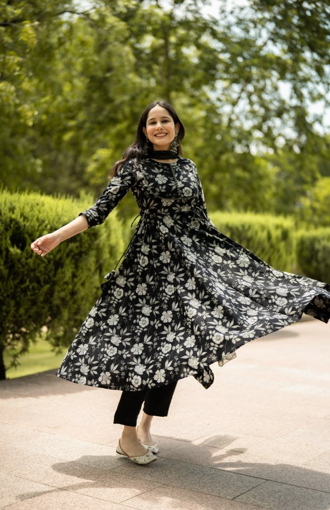 Cotton Floral Black Printed Anarkali Suit Set