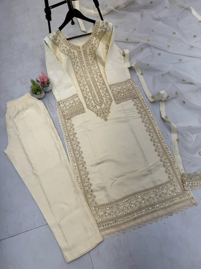DESIRABLE FANCY ROMAN SILK SEQUENCE EMBROIDERED COTTON WORK TOP AND PENT WITH DUPATTA