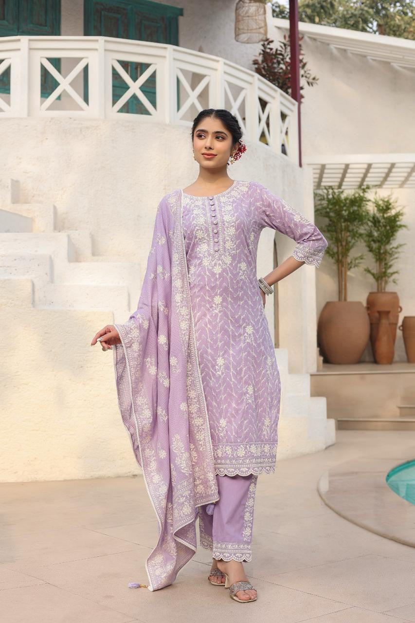 Heavy Pure Cotton Embroidery & Discharge Print Suit Set