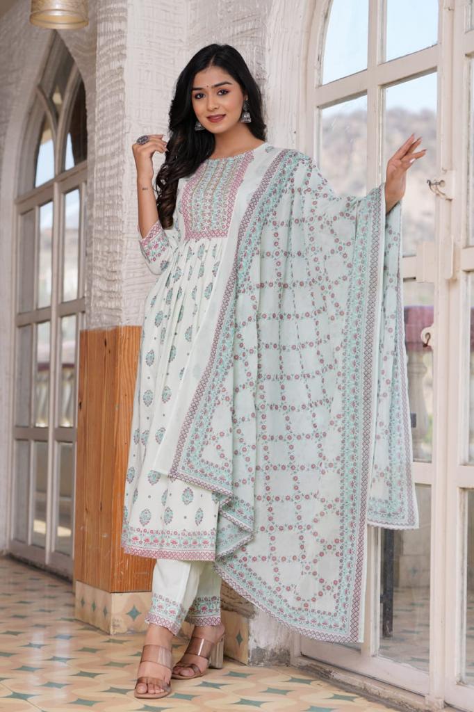 HAND WORK AND EMBORDING NYRA CUT KURTI PANT MALMAL DUPATTA