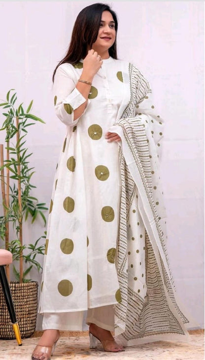 Trending Polka Dot Kali Style Pure Mulmul Cotton Dupatta set