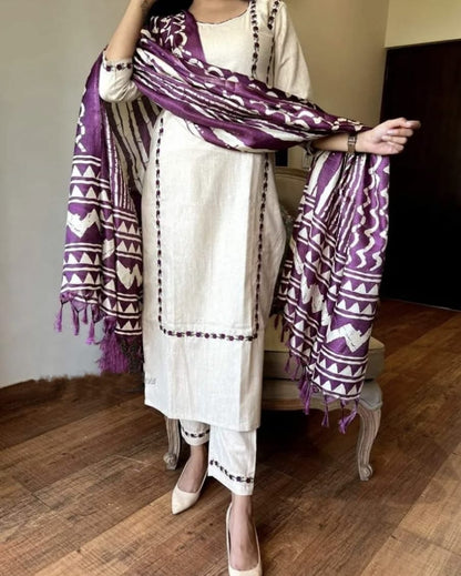 Cotton Kurta Pant & Khadi Silk Ikkat Print Dupatta Set