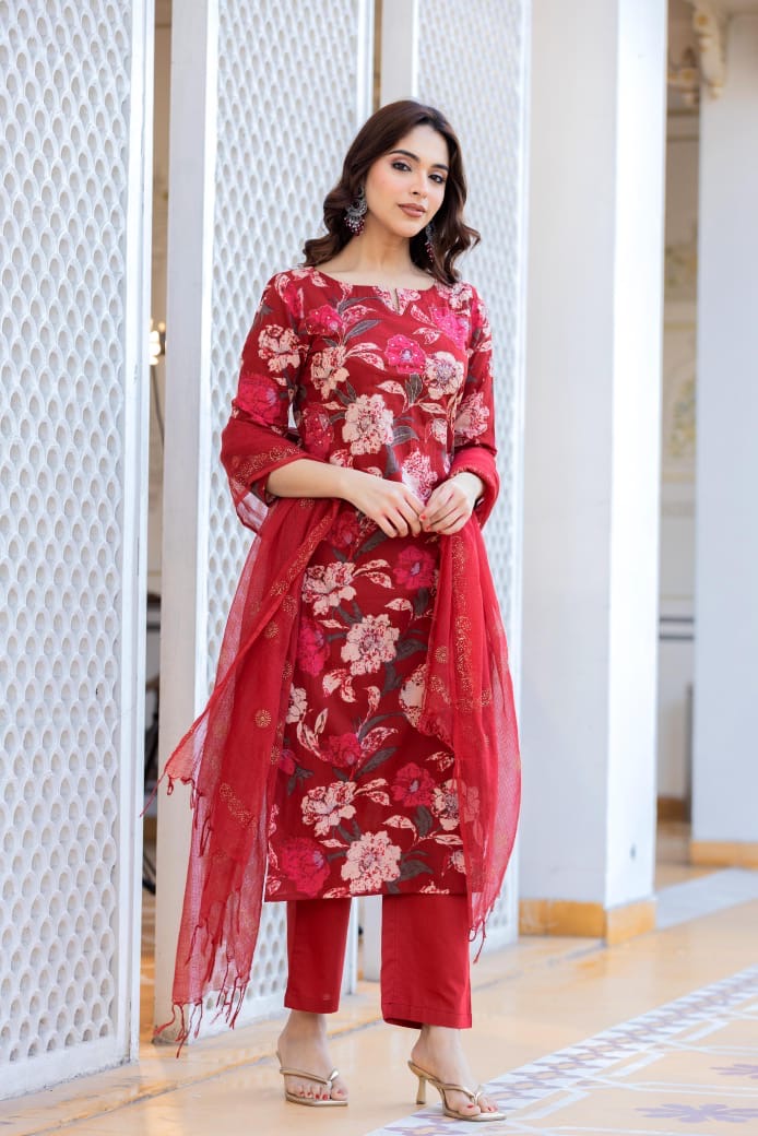 Beautiful Floral Printed Kurta Pant Dupatta Set