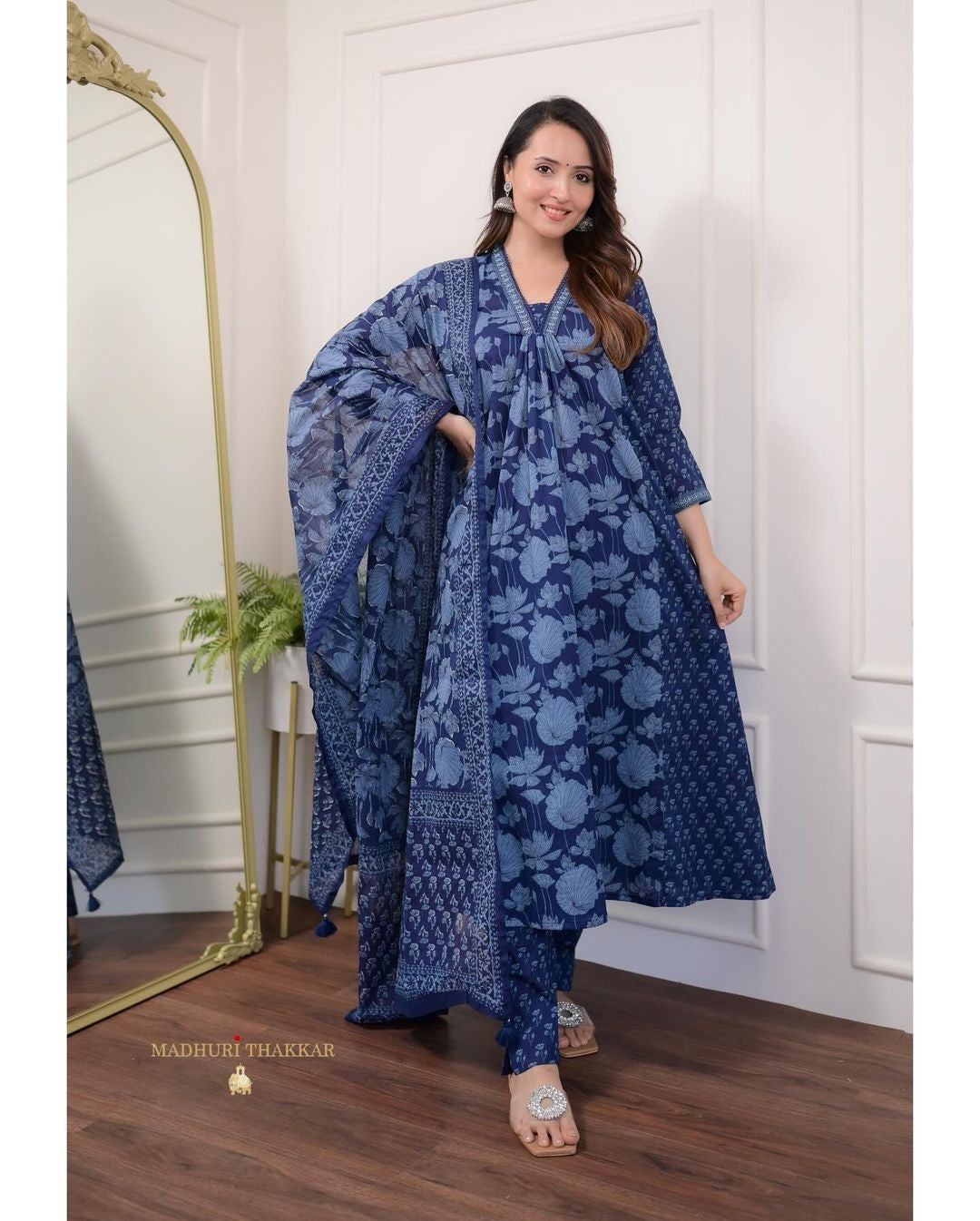 Floral Motif Printed Cotton Kurta & Pleated Salwar Set