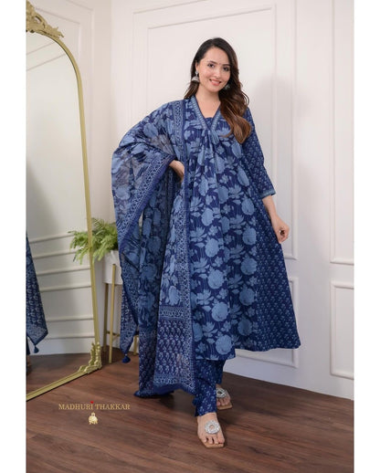 Floral Motif Printed Cotton Kurta & Pleated Salwar Set