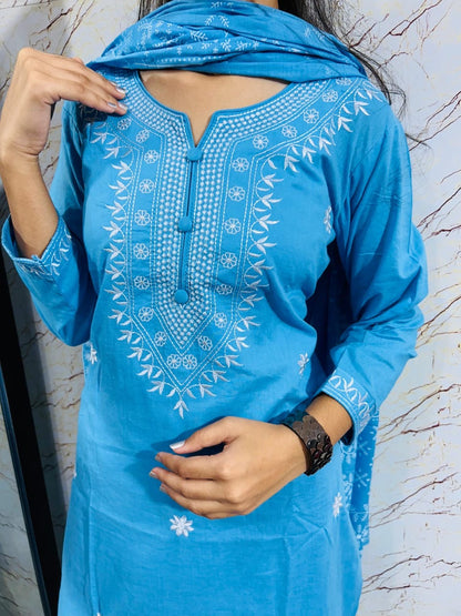 Beautiful Embroidery Work Cotton Fabric kurti, Pant & Dupatta