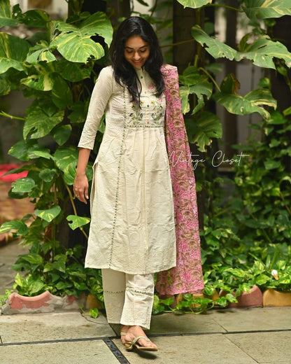 Cotton Embroidered Kurta with Pant and Dupatta