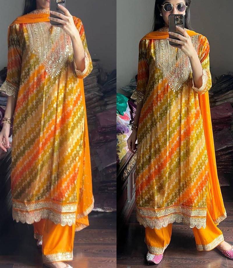 Chinnon With Heavy Embroidery Sequence Work With Beautiful Digital Print with Full Sleeve Set