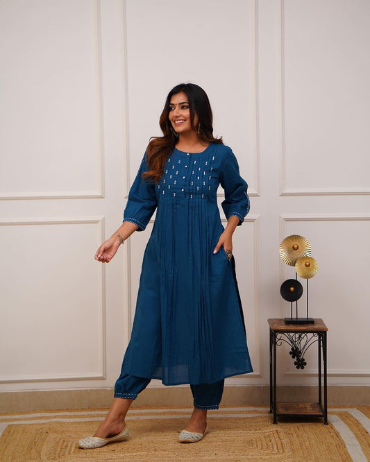 Teal Blue Kurti Pant with Beautiful Buttons