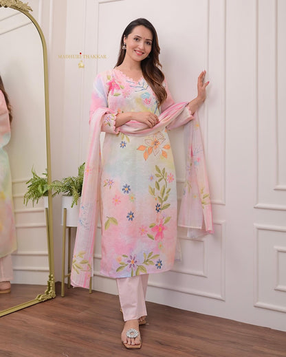 Premium Chicken Shifli Cotton Fabric Kurti with Silk Pant & Silk Printed Dupatta