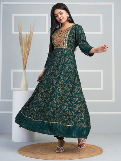 Beautiful Rayon Fabric Printed Anarkali Long Kurti With Pant & Printed Dupatta