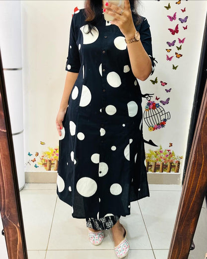 Black Polka Dot and Playful Print Kurti Pant.