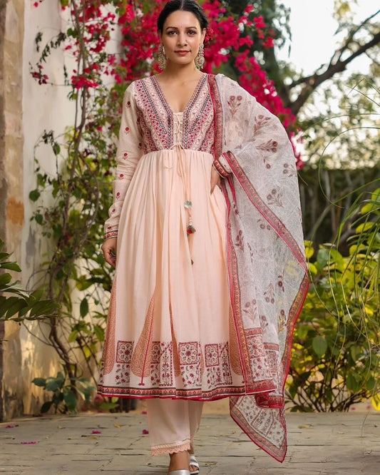 Pure Cotton Mulmul Anarkali Kurta Pant and Dupatta Set