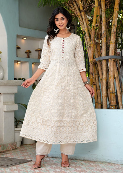 Pure Chikankari Anarkali Kurti With Pant & Silk Chanderi Digital Print Dupatta Set