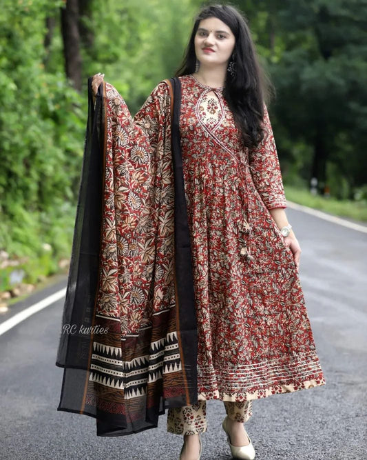 Premium Cotton Angrakga Style Anarkali with Pant and Dupatta