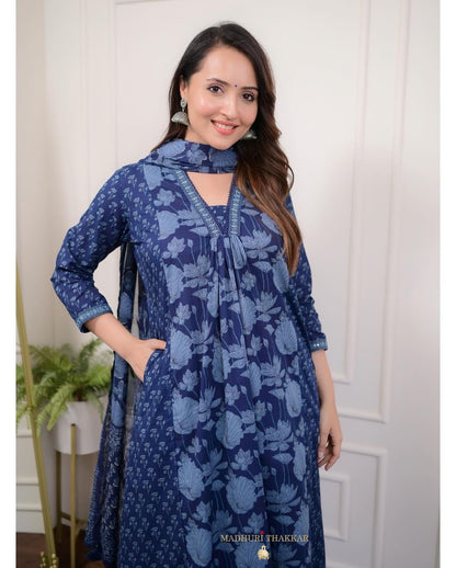 Floral Motif Printed Cotton Kurta & Pleated Salwar Set