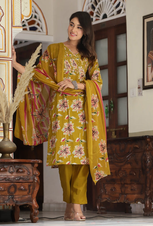 Premium Quality Cotton Printed Kurti with Hand Work With Cotton Pant & Dupatta