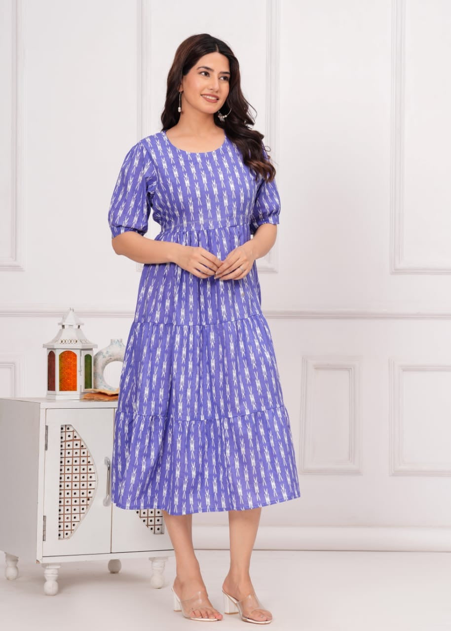 Beautiful Purple Printed Cotton Middi With Heart Neck Gown Dress