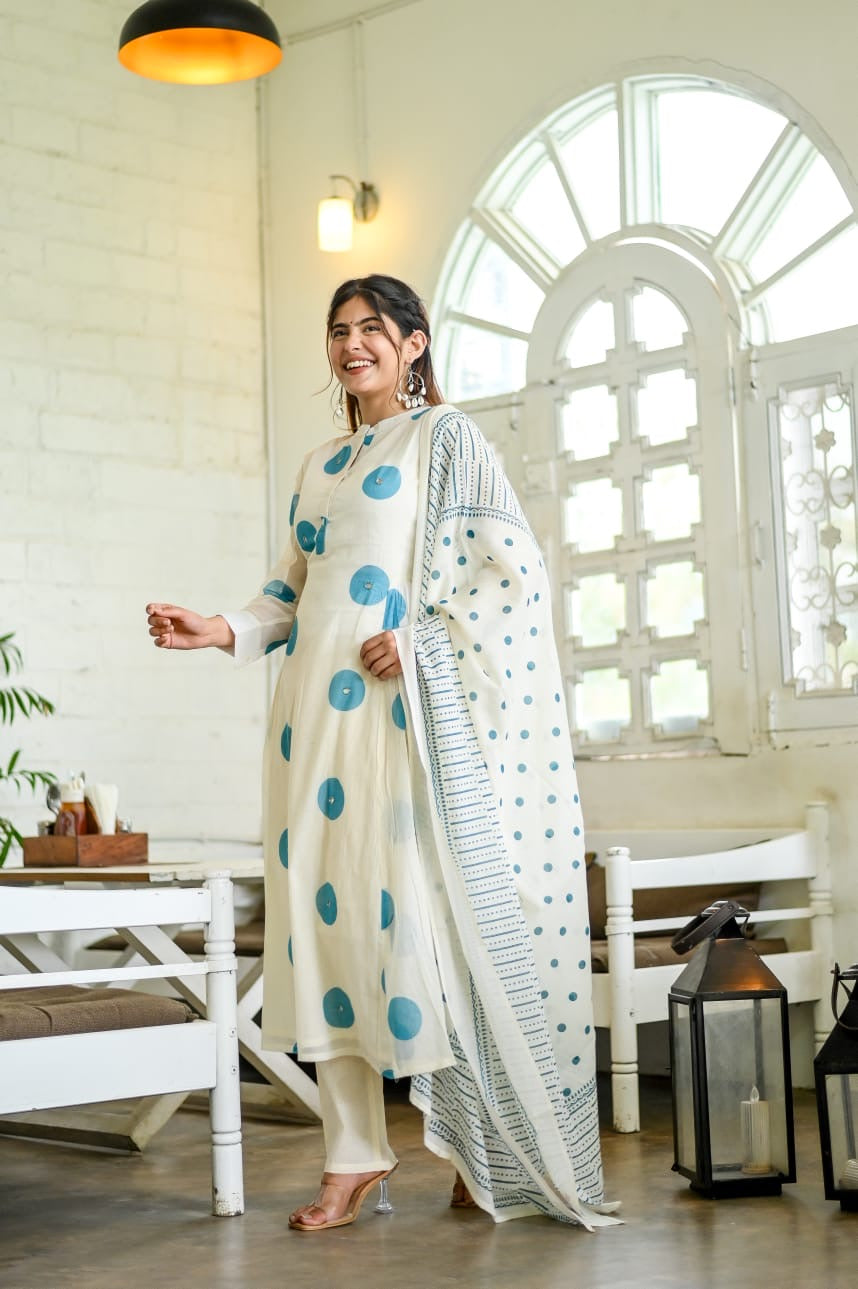 Trending Polka Dot Kali Style Pure Mulmul Cotton Dupatta set