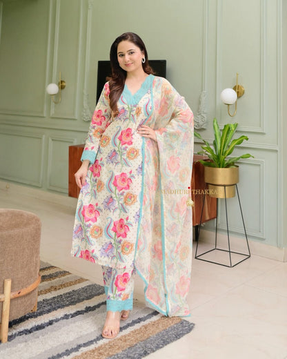 New Printed Mal Cotton Kurta Pant with Duppta Organja Beautiful Detailing