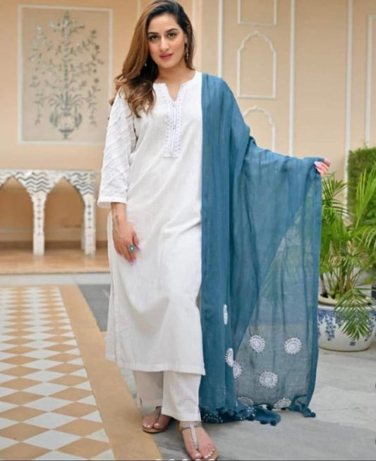 Embroidery work Soft Cotton Slub Kurta Pant with Dupatta