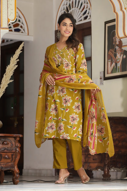 Premium Quality Cotton Printed Kurti with Hand Work With Cotton Pant & Dupatta