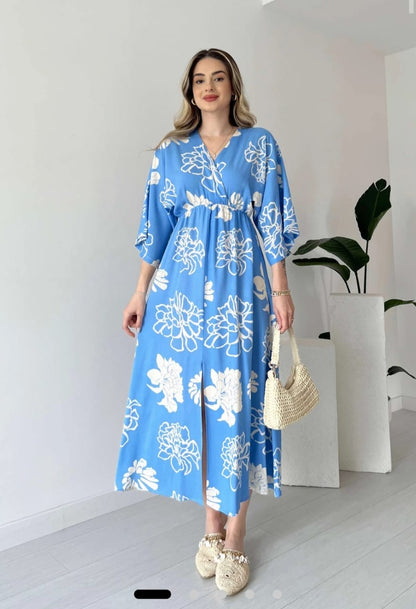 Beautiful Blue Printed Cotton Middi with V-neck Gown Dress