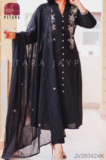 Pure Cotton Kurti with Embroidery with Pant and Mulmul Embroidery Dupatta