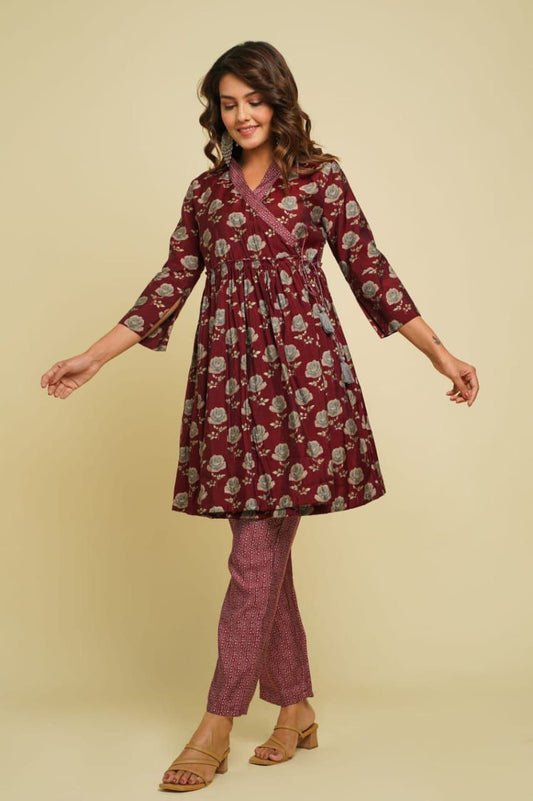 Beautiful Maroon Reyon Angrakha  Co-ord Set