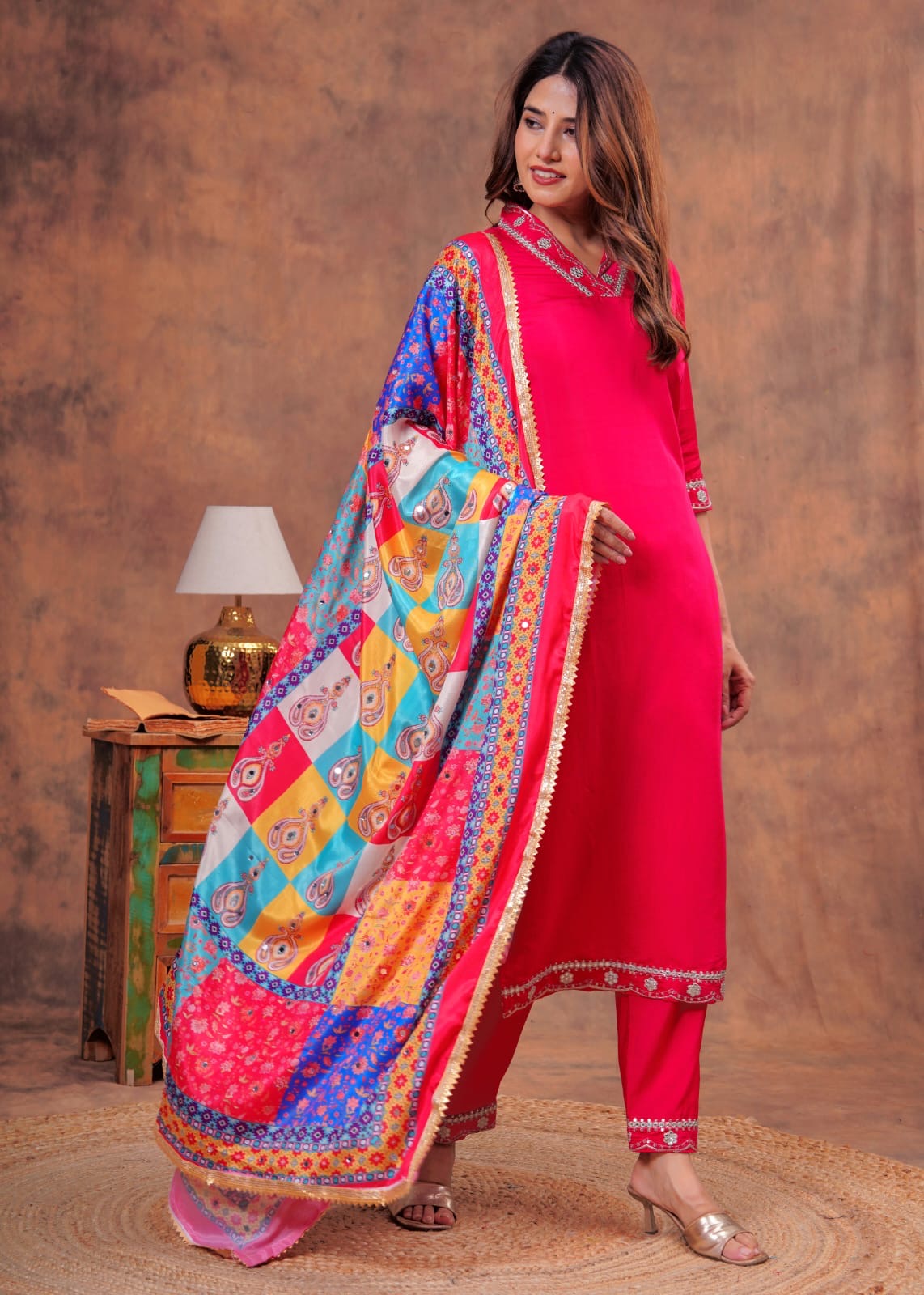 PAKISTANI SILK FULL HEAVY MIRROR WORK DUPATTA SUIT SET