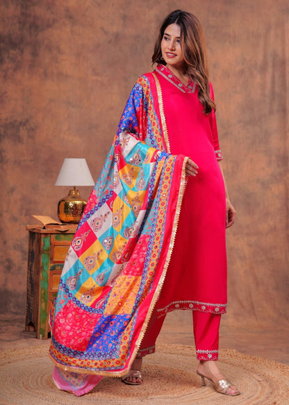 PAKISTANI SILK FULL HEAVY MIRROR WORK DUPATTA SUIT SET