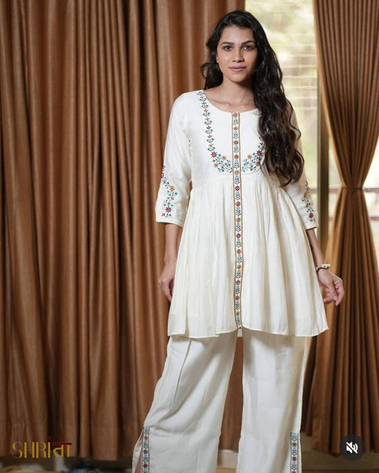 Embroidered Cotton Slub Kurta & Palaazo Set