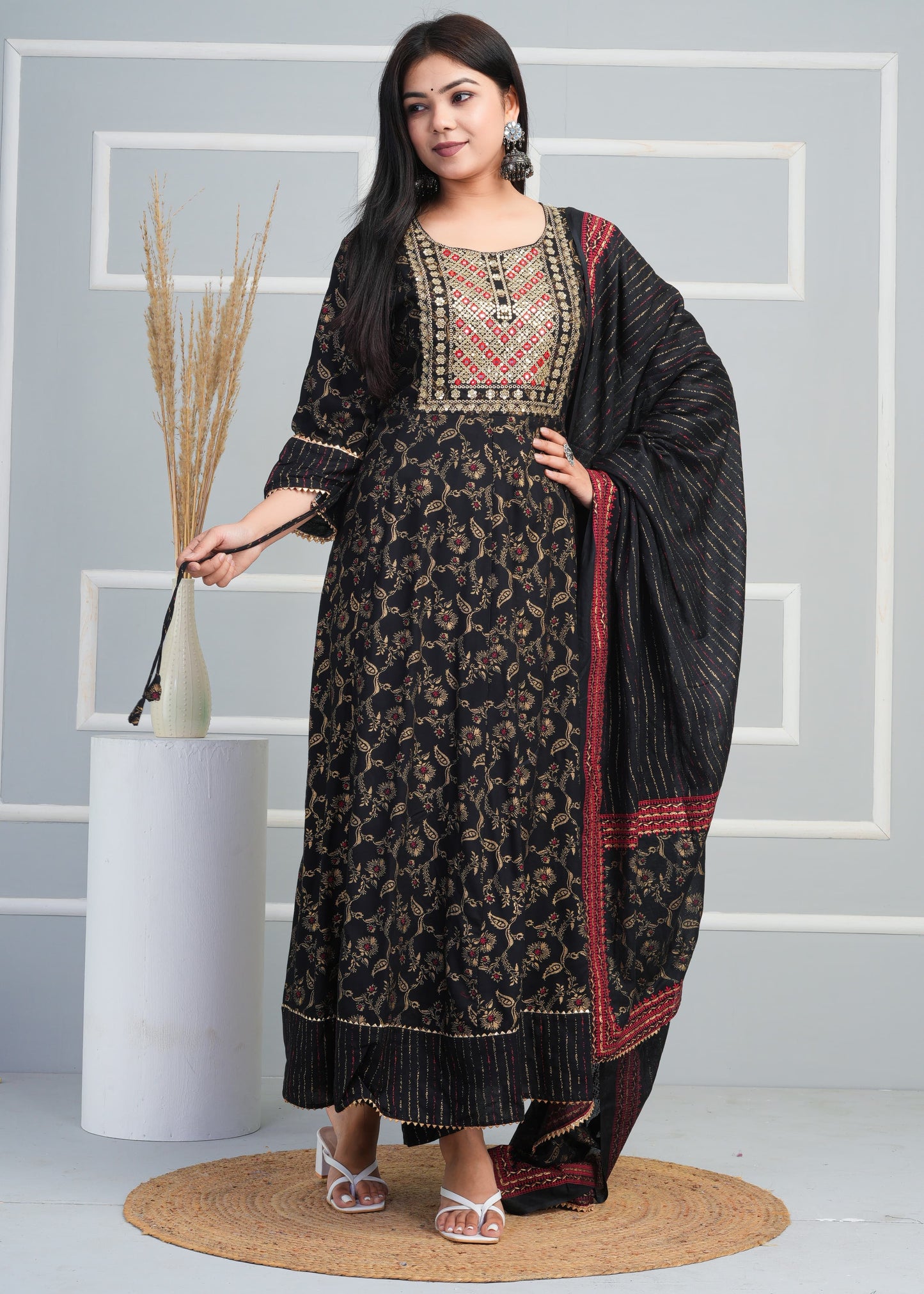 Beautiful Rayon Fabric Printed Anarkali Long Kurti With Pant & Printed Dupatta