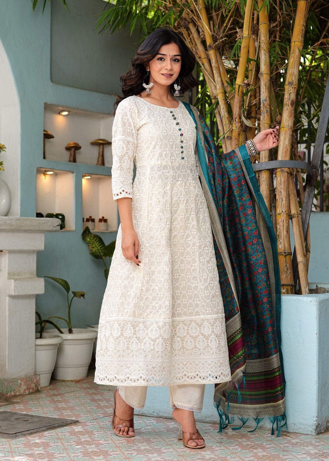 Pure Chikankari Anarkali Kurti With Pant & Silk Chanderi Digital Print Dupatta Set