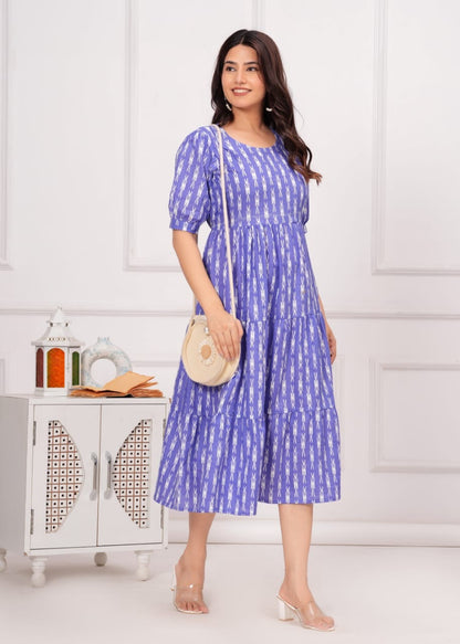 Beautiful Purple Printed Cotton Middi With Heart Neck Gown Dress