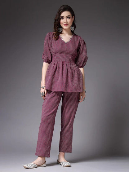 Katha Woven Cotton Top and Pant with Embroidery on Neckline